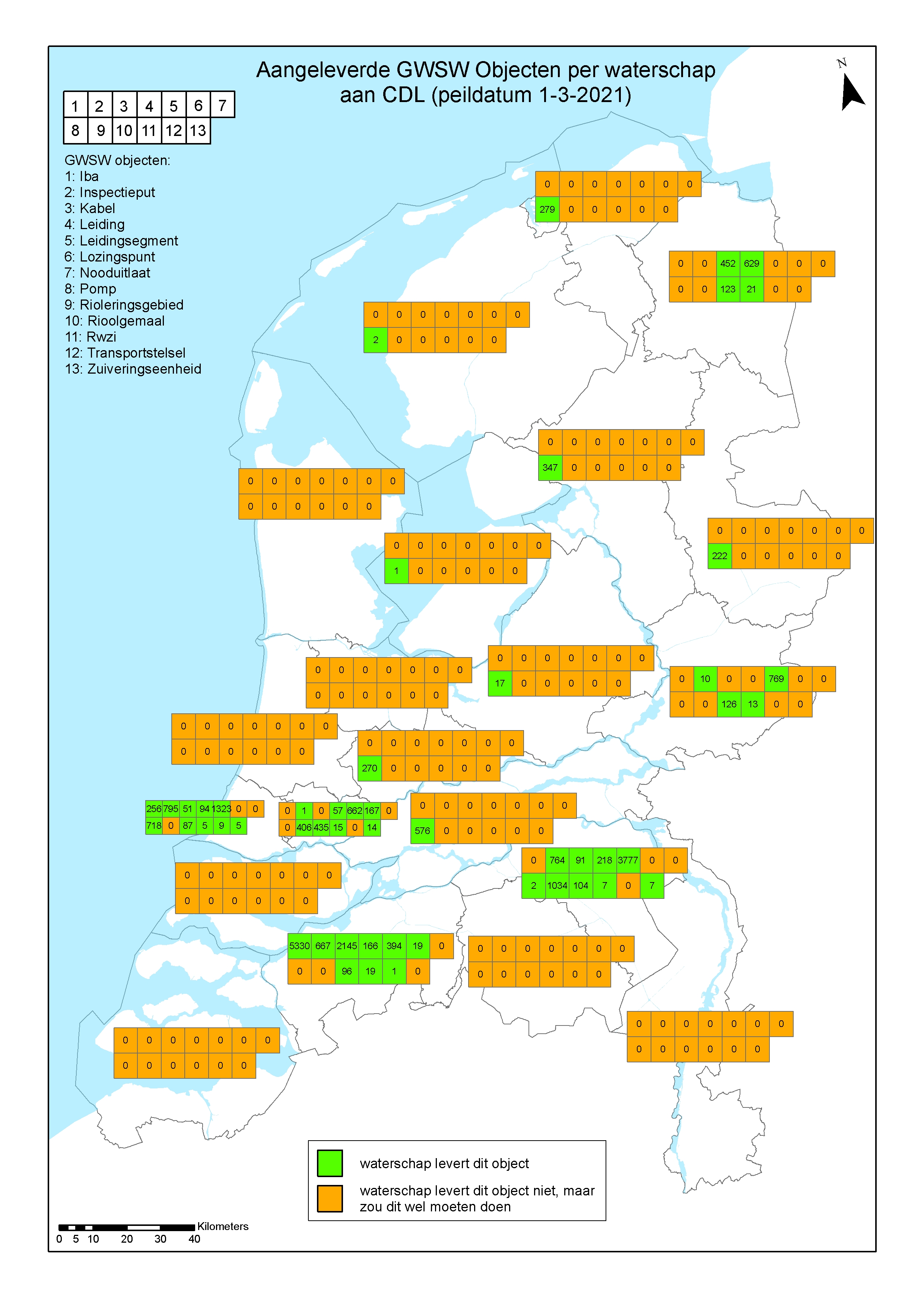 Kaart van Nederland met aangeleverde GWSW Objecten per waterschap aan CDL(peildatum 1-3-2021)